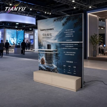 Custom LED Backlit Portable Exhibition Wall Display with Integrated Shelving and Storage Cabinet for Retail Exhibits
