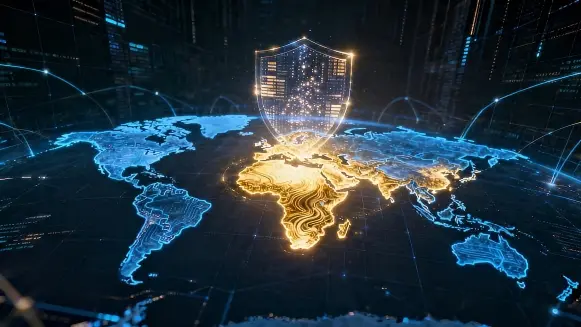 jimeng-2026-04-15-4853-赛博朋克科技感，低角度仰视，一张悬浮在黑暗数据空间中的巨大全息世界地图（蓝色线条